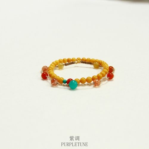紫调 美好乐观天然鸡油黄蜜蜡5mm能量手链天然南红原矿蓝松石