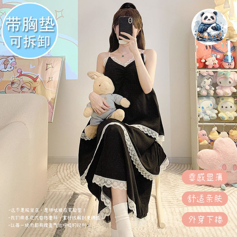 胖mm带胸垫夏季女泡泡棉大码宽松睡裙V领蕾丝性感甜美薄款可外穿