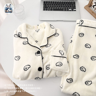 棉花小狗印花女秋冬季珊瑚绒翻领保暖卡通可爱风家居服套装