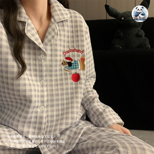 空气棉质格子腊肠狗刺绣翻领睡衣女可爱卡通加厚保暖夹棉家居服