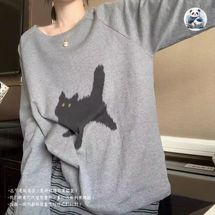 春秋季灰色猫咪图案卡通休闲女式长袖圆领睡衣小众家居服可外穿