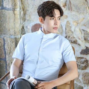 男短袖 免烫圆领工作服寸衫 夏季 立领商务正装 白色衬衣夏 薄款 白衬衫