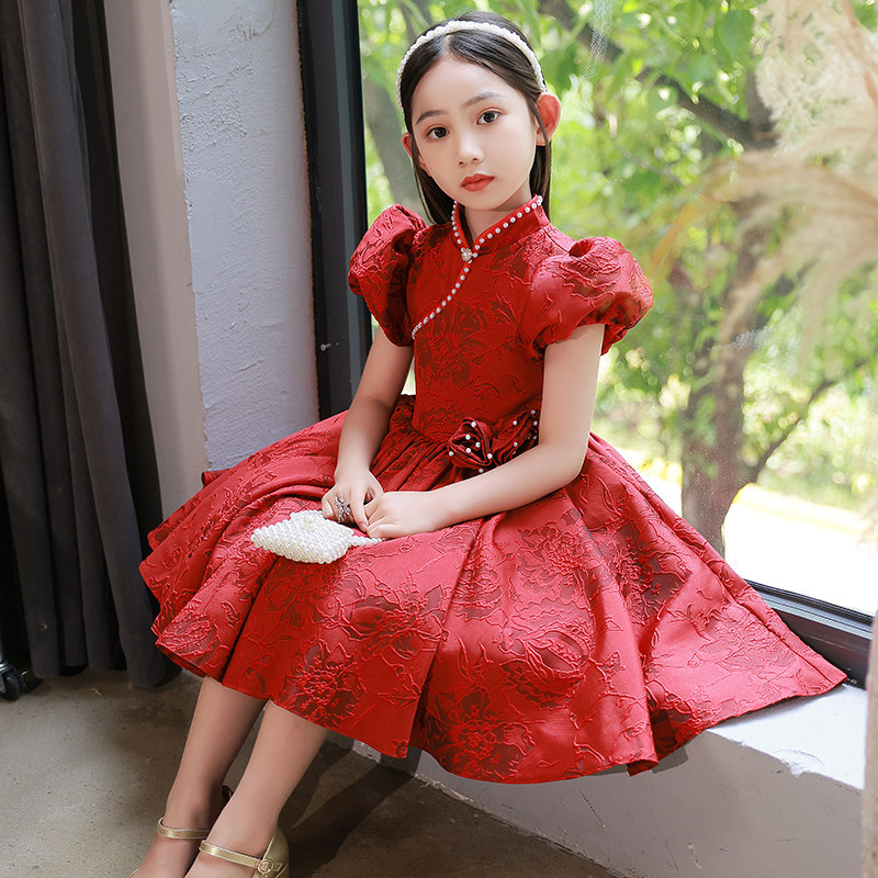 女童红色礼服小主持人生日公主裙高级感演出服儿童国风旗袍高贵女