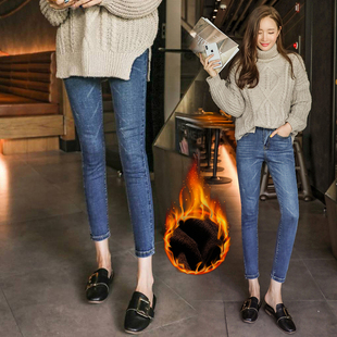 矮小个子秋冬加绒八分牛仔裤女式九分小脚弹力紧身显瘦高腰铅笔裤