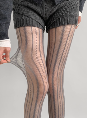 希琳蕾丝灰色丝袜复古菱格竖纹镂空辣妹黑白色连裤袜子女夏季薄款