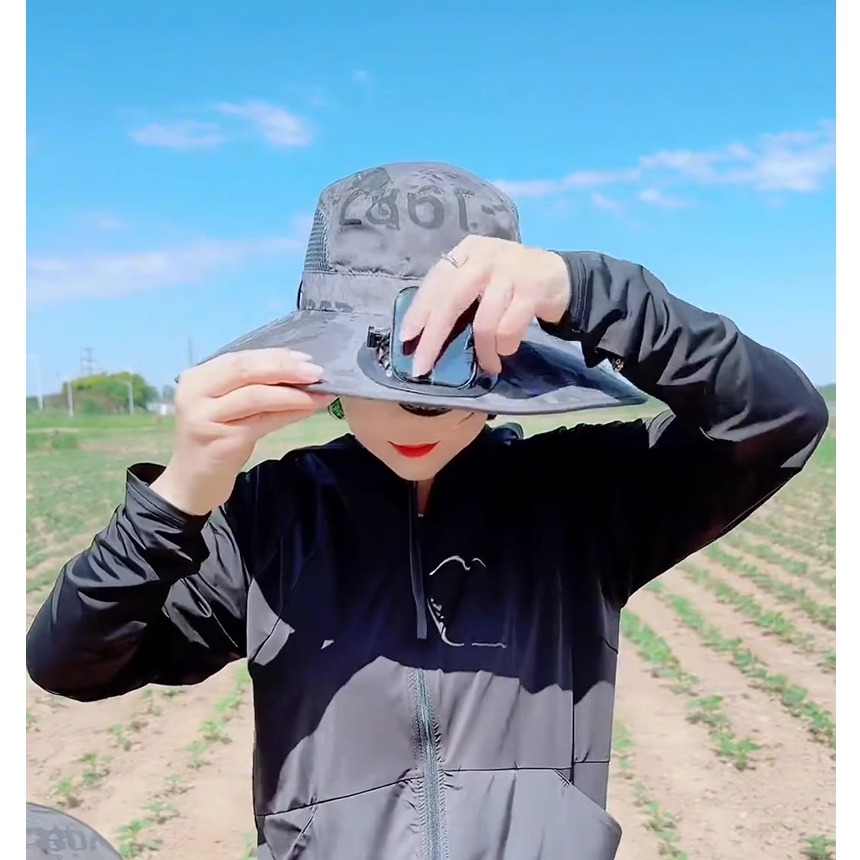 大沿防晒帽子男夏季户外渔夫帽登山钓鱼帽太阳能风扇可充电网红款