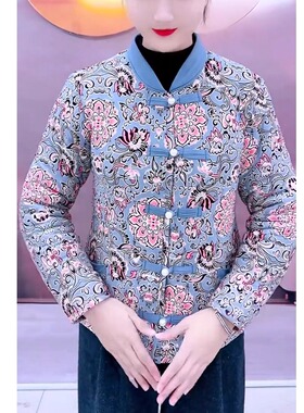 妈妈时尚印花短款棉衣网红保暖加绒加厚冬装棉服上衣外套中老年人