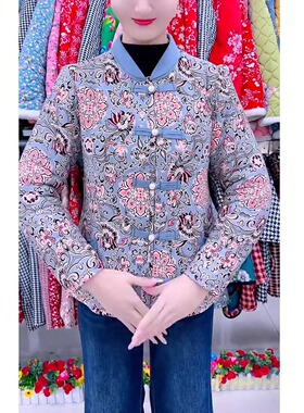 2024时尚高档小棉袄贴身女装中老年妈妈冬装外套棉衣印花加绒网红