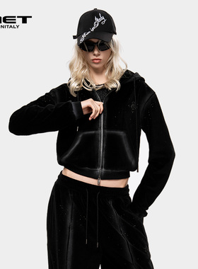 MET initaly麦特复古连帽丝绒拉链外套女秋季新款长袖卫衣