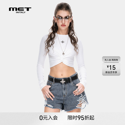 MET initaly春夏美式街头风长袖扭结T恤女白色显瘦百搭打底衫上衣