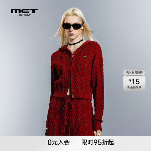 MET initaly韩系慵懒风连帽拉链绞花针织开衫女红色短外套