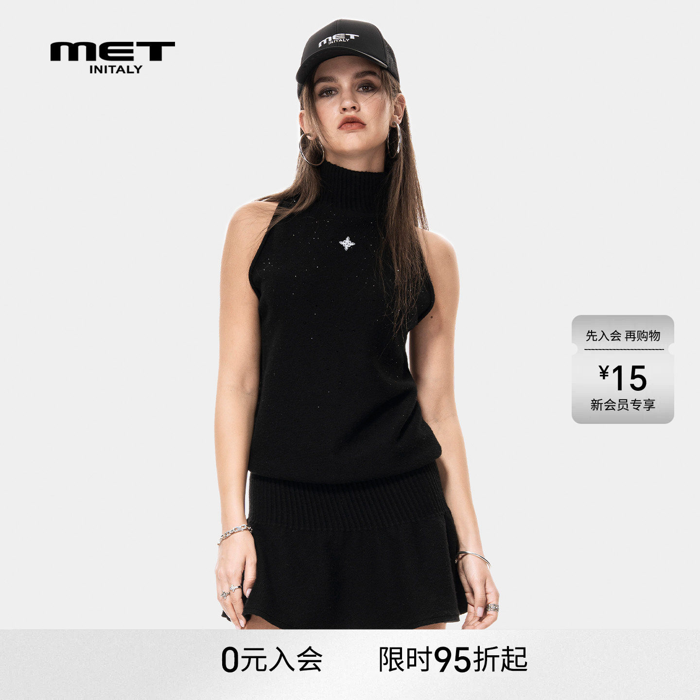 MET initaly早春轻奢风黑色无袖针织连衣裙女高领修身质感裙子
