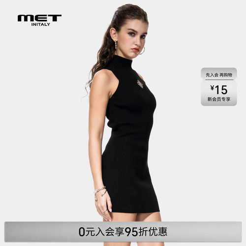 MET initaly早春美式复古高领无袖针织连衣裙女修身收腰气质短裙