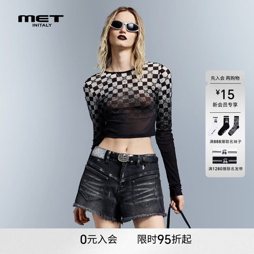 MET initaly早春设计感长袖T恤格纹透视网纱上衣女修身显瘦性感