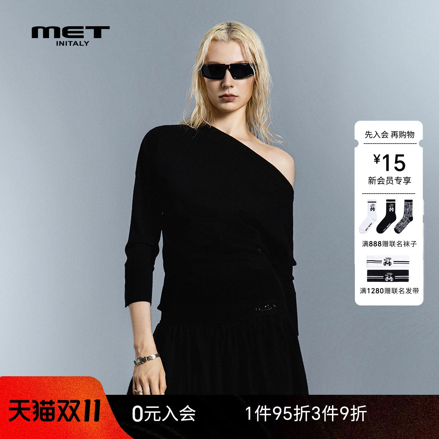 MET initaly麦特黑色单肩露肩针织衫女长袖不对称设计毛衫上衣