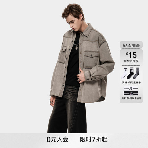 MET initaly美式复古做旧牛仔外套男冬季新款工装夹克翻领上衣
