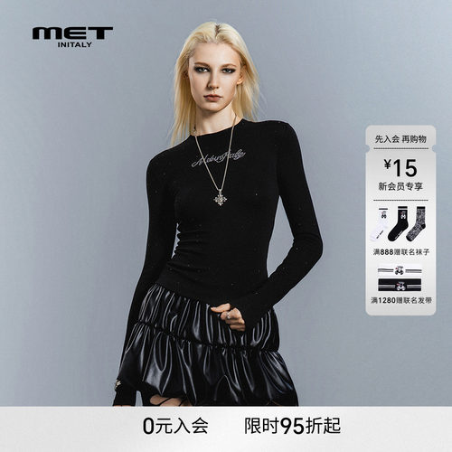 MET initaly初秋设计感黑色长袖T恤上衣女修身显瘦辣妹风打底衫