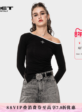 MET initaly麦特美式复古黑色斜肩长袖T恤女撞色修身显瘦性感上衣