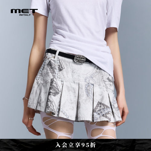 MET initaly夏季Y2K迷彩百褶半身裙女短裙个性印花褶皱裙高腰显瘦