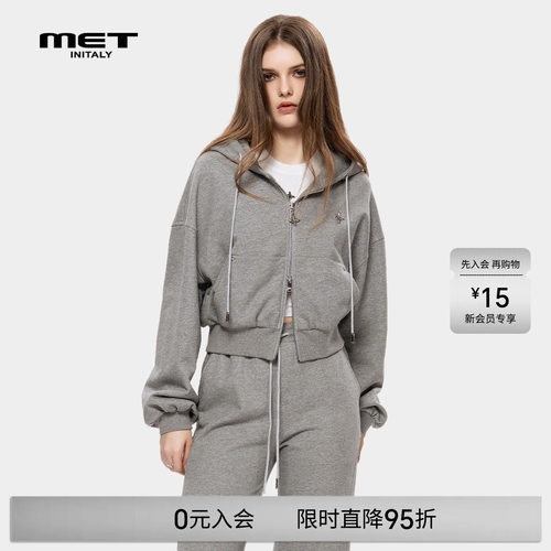 MET initaly麦特早春新款美式潮牌拉链衫连帽卫衣女休闲短外套