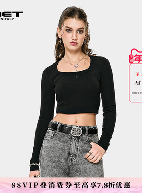 MET initaly酷辣风黑色长袖短款T恤女修身大U领紧身上衣辣妹风