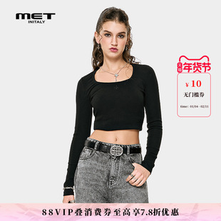MET initaly酷辣风黑色长袖短款T恤女修身大U领紧身上衣辣妹风