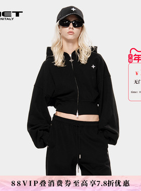 MET initaly麦特美式复古短外套女秋季休闲百搭连帽开衫拉链卫衣