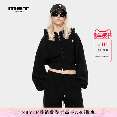 MET initaly麦特美式复古短外套女秋季休闲百搭连帽开衫拉链卫衣