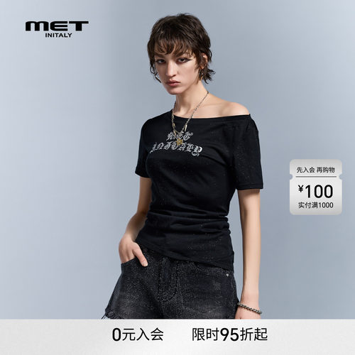MET initaly夏季新款一字肩短袖T恤女烫钻字母印花露肩上衣辣妹风