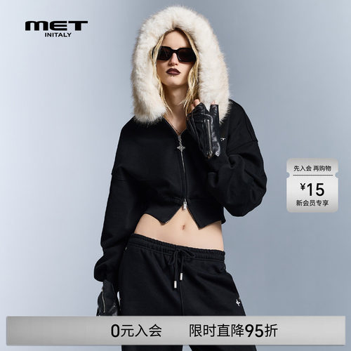 MET initaly美式复古连帽短外套女毛领拉链卫衣早春新款百搭上衣