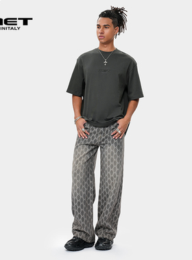 MET initaly麦特复古印花做旧潮牌牛仔裤男夏季新款直筒裤子