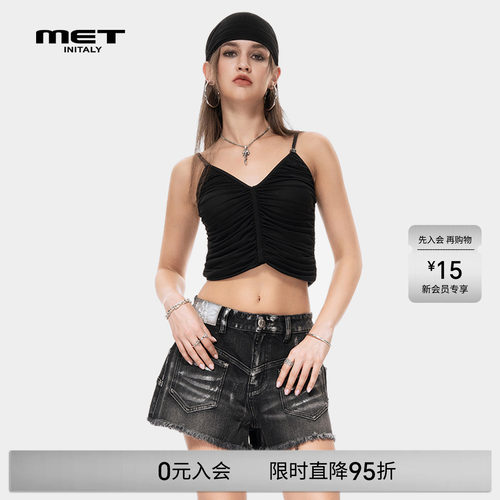 MET initaly春夏性感风抽褶挂脖吊带背心女黑色V领短款褶皱上衣