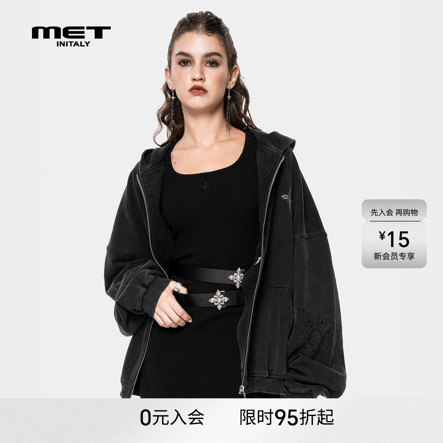 MET initaly美式复古连帽短外套女宽松廓形拉链开衫黑色高级感