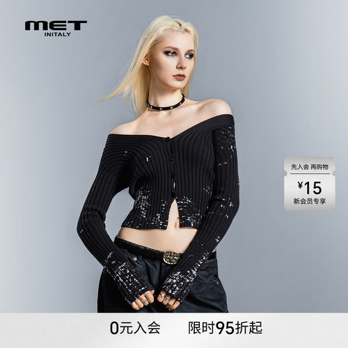 MET initaly黑色一字肩纽扣针织开衫女修身露肩毛衣辣妹风上衣