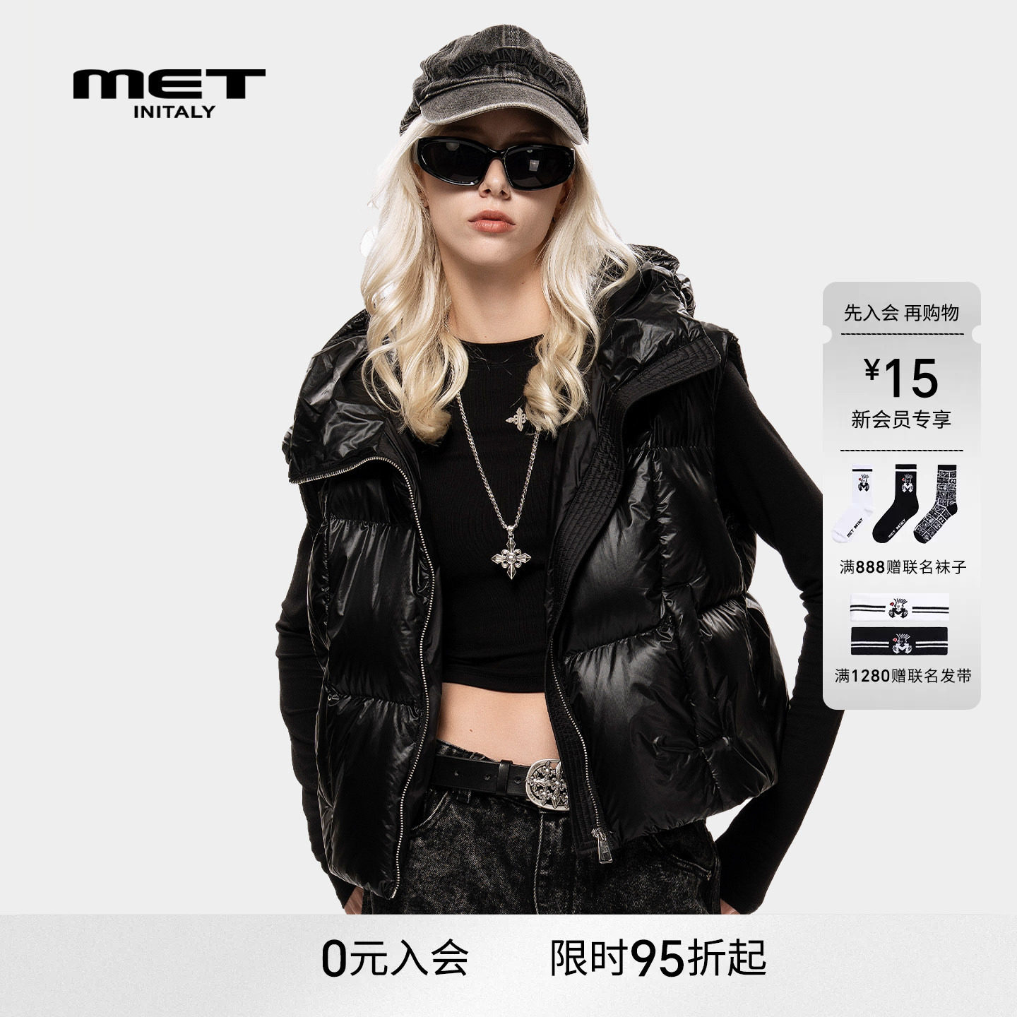MET initaly麦特时尚潮流冬季新款连帽羽绒马甲女黑色保暖背心