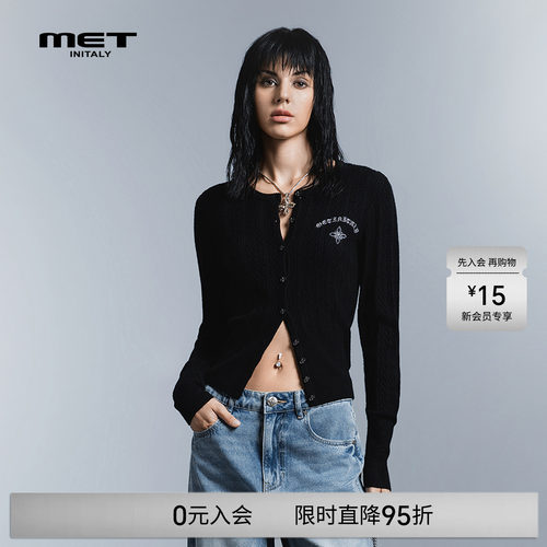 MET initaly黑色纽扣针织开衫女修身圆领百搭毛衣外套显瘦穿搭