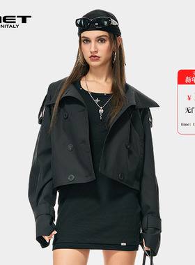 MET initaly酷飒风短款双排扣外套女春季新款翻领廓形夹克酷感