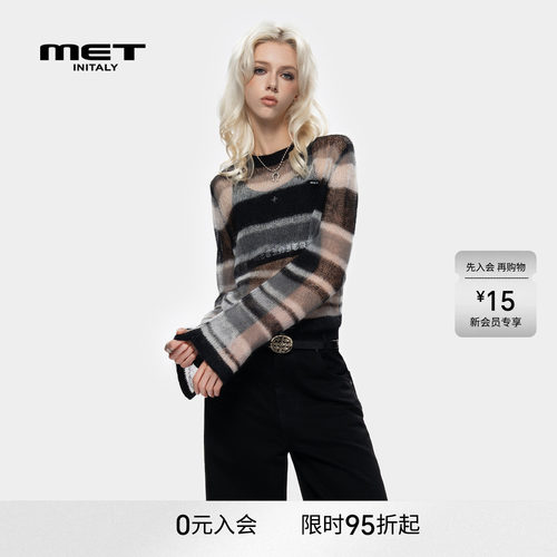MET initaly美式复古做旧毛衣女早春新款百搭休闲套头针织衫上衣