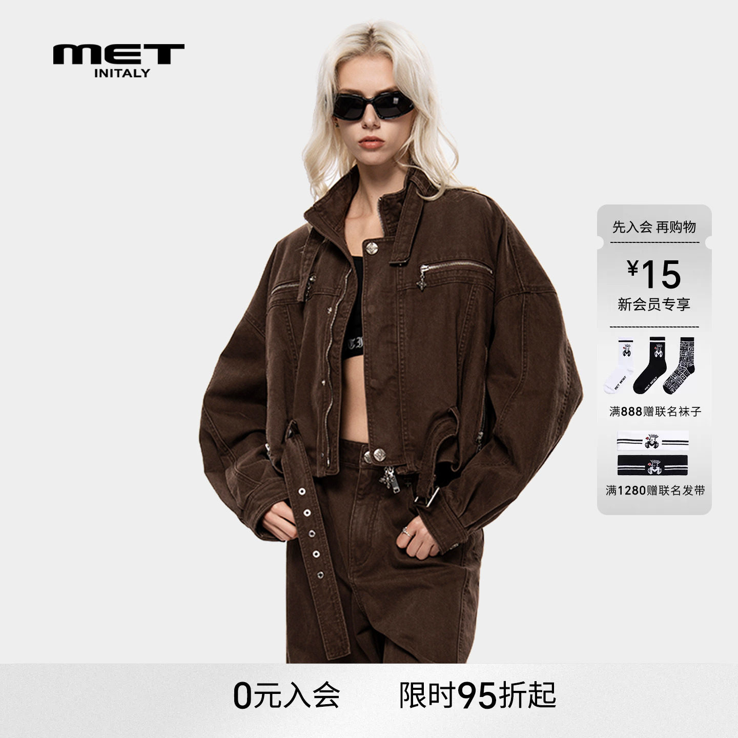 MET initaly复古工装风短款机车风牛仔外套女秋冬宽松休闲夹克