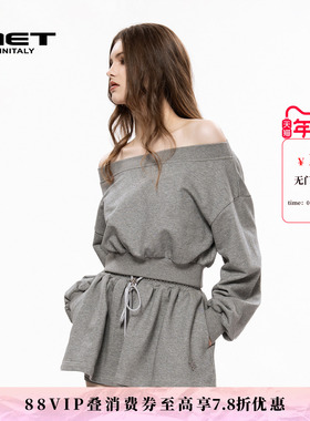MET initaly麦特秋季新款美式潮牌套头卫衣女休闲街头风露肩上衣