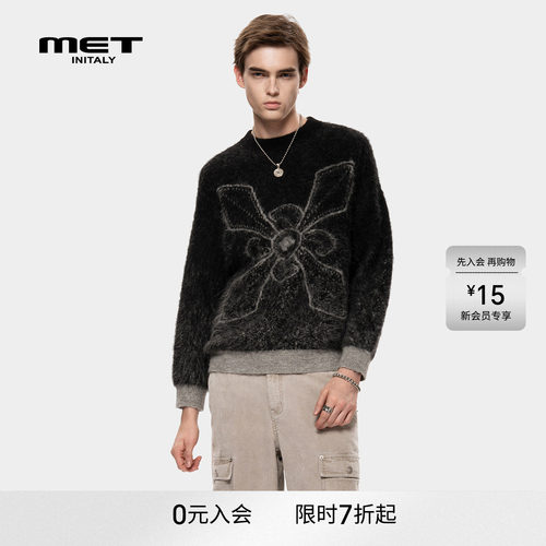 MET initaly黑色蝴蝶结图案圆领针织衫男冬季新款毛衣潮牌休闲