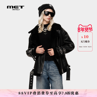 MET initaly酷飒风黑色皮衣女冬季新款机车夹克翻领保暖短外套