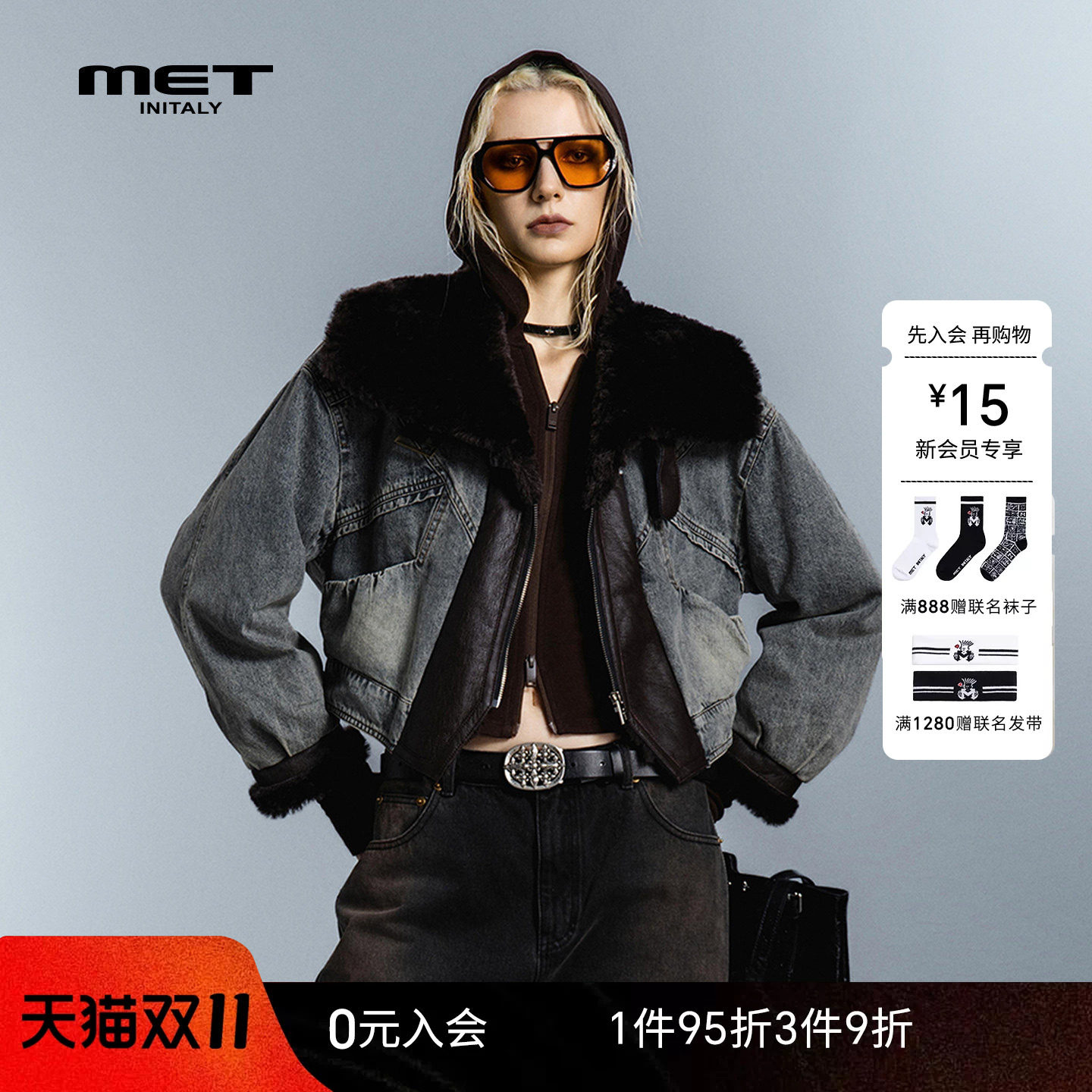 MET initaly皮毛一体大毛领拼接牛仔外套女短款加厚冬季保暖棉服