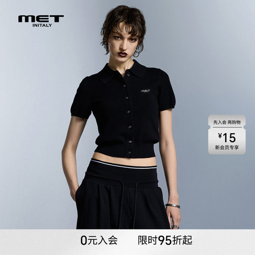 MET initaly翻领短袖针织开衫女早春新款学院风纽扣T恤上衣修身