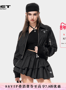 MET initaly美式复古运动风短外套女黑色拉链夹克百搭显瘦休闲