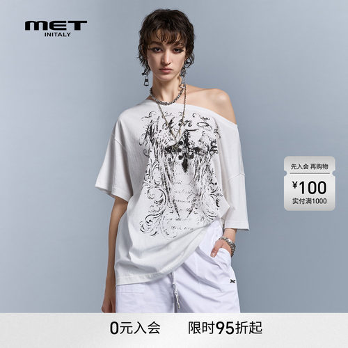 MET initaly夏季新款轻朋克风露肩斜肩短袖T恤女印花白色上衣潮流