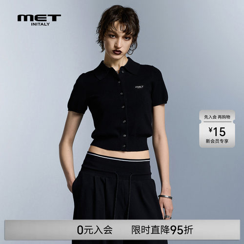 MET initaly翻领短袖针织开衫女早春新款学院风纽扣T恤上衣修身