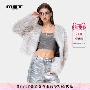 MET initaly时尚毛绒短外套女春季新款气质V领白色毛毛大衣保暖