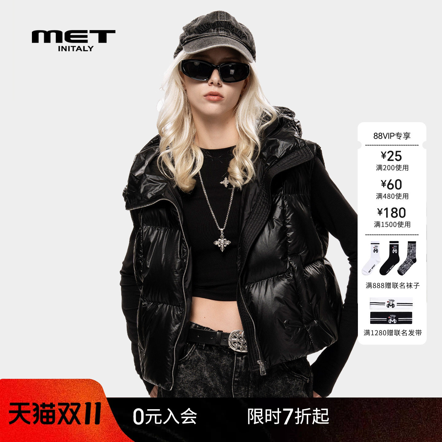 MET initaly麦特时尚潮流冬季新款连帽羽绒马甲女黑色保暖背心