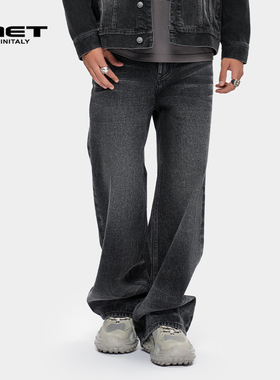 MET initaly麦特复古做旧牛仔直筒裤男夏季潮牌百搭休闲裤子